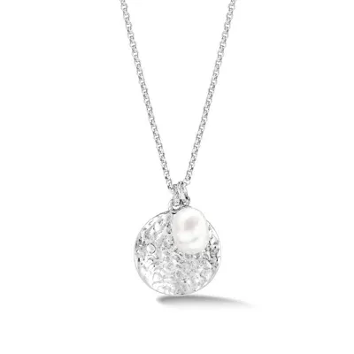 Dower & Hall Men's Hammered Disc & White Freshwater Pearl Pendant In Sterling Silver