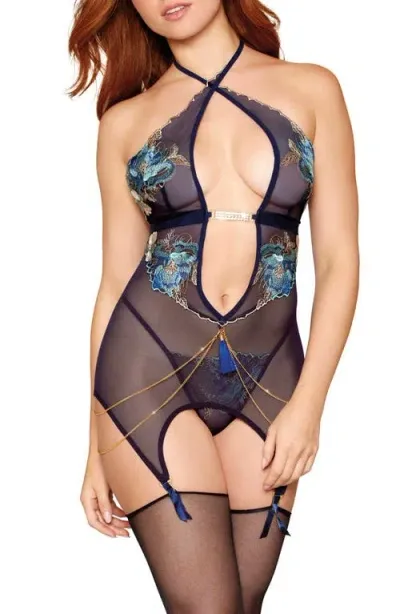 Dreamgirl Floral Embroidered Basque & G-string Set In Denim