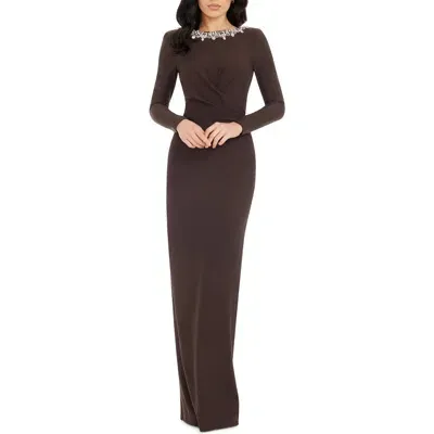 Dress The Population Anne Embellished Long Sleeve Column Gown In Mocha