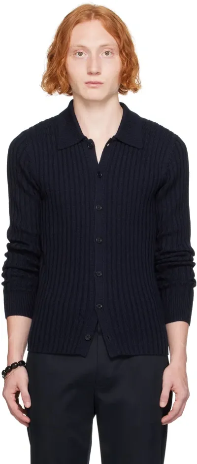 Dries Van Noten Navy Spread Collar Cardigan In 501 Marine