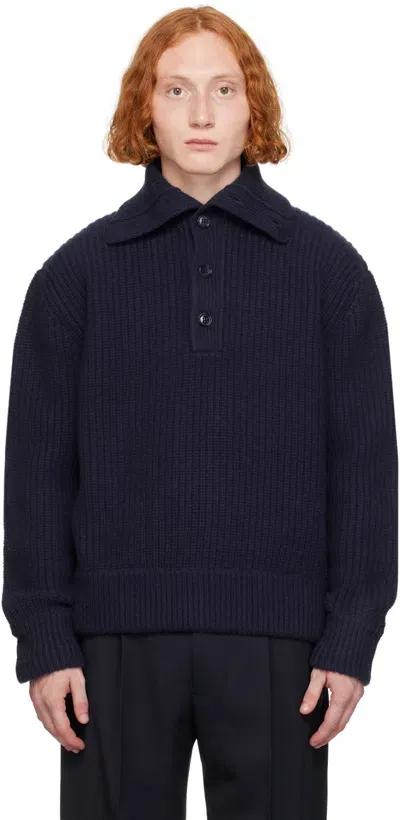 Dries Van Noten Navy Virgin Wool Polo In 501 Marine