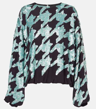 Dries Van Noten Sequined Houndstooth Silk Sweatshirt In Blue