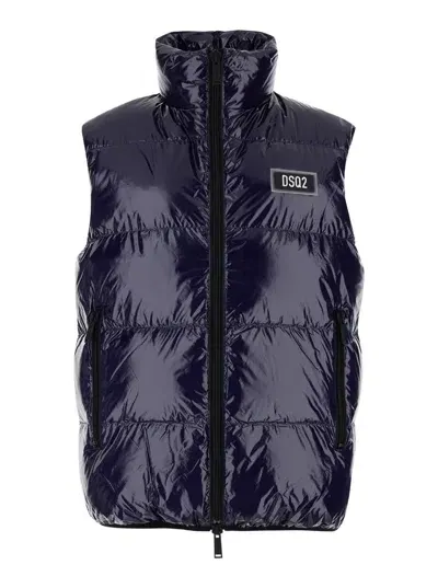 Dsquared2 Blue Sleeveless Down Jacket With Dsq2 Logo Patch In Polyamide Man In Black