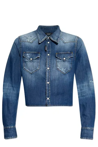 Dsquared2 Distressed Cropped Denim Shirt In Blue