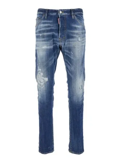 Dsquared2 Cool Guy Blue Five-pocket Jeans With Logo Patch In Stretch Cotton Denim Man