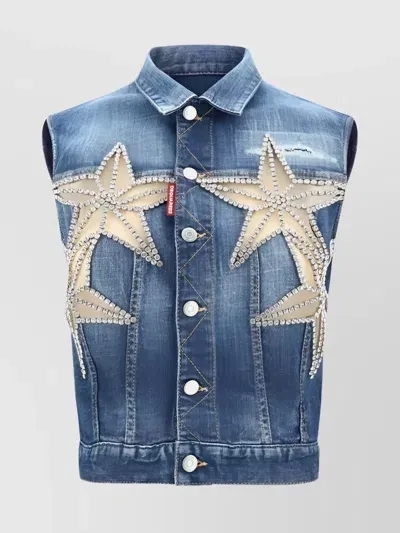 Dsquared2 Embellished Stars Sleeveless Denim Vest In Navy Blue