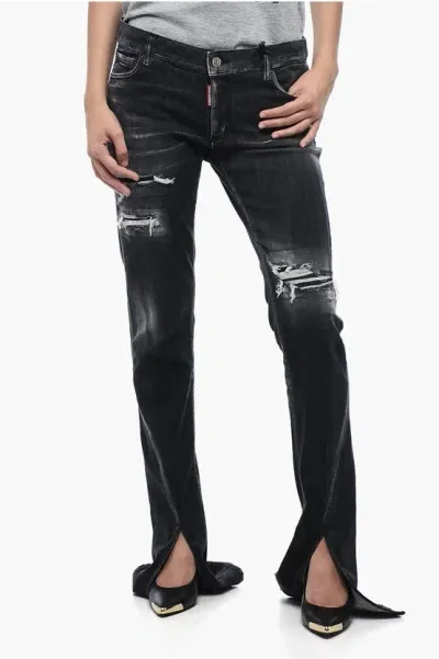 Dsquared2 Distressed Effect Trumpet Fit Denims With Bottom Slits 22 Cm In Black