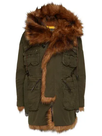 Dsquared2 Faux-fur Cotton Trench Coat In Green