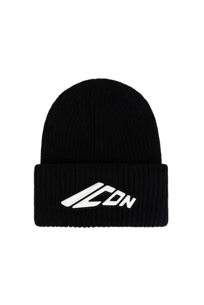 Dsquared2 Icon Appliqué Turn-up Hem Knitted Beanie In Black