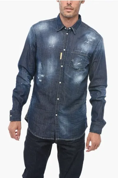 Dsquared2 Icon Distressed Denim Shirt With Pin Splatter Motif In Blue