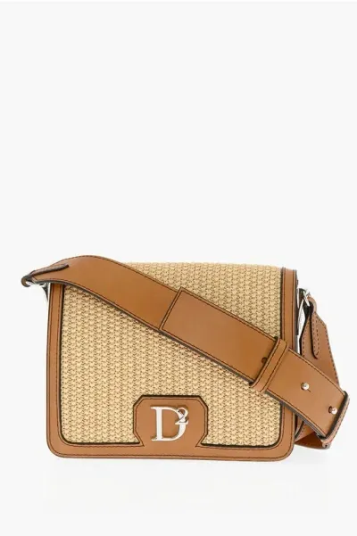 Dsquared2 Leather And Raffia Crossbody Bag With Silver-tone Logo In Brown