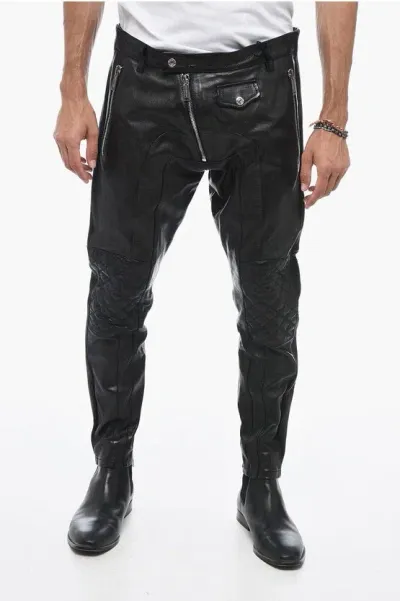 Dsquared2 Leather Biker Pants With Zipped Detailing In Black