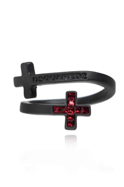 Dsquared2 Logo Engraved Cross Ring In Black