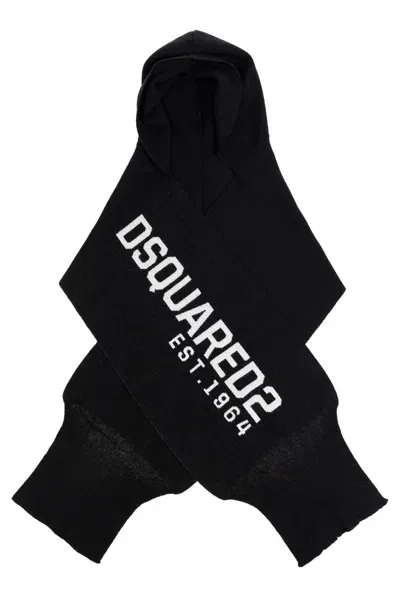 Dsquared2 Logo Intarsia Hooded Scarf In Black