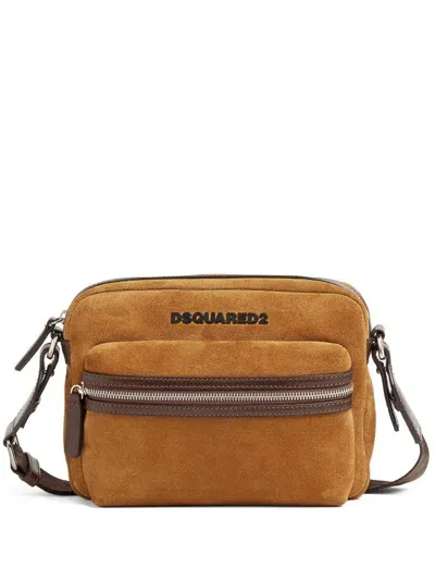 Dsquared2 Logo-lettering Suede Messenger Bag In Camel