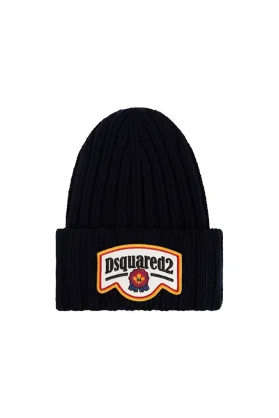 Dsquared2 Logo Patch Knitted Beanie In Blue