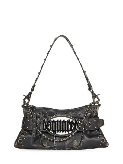 Dsquared2 Logo Plaque Studded Shoulder Bag In Black