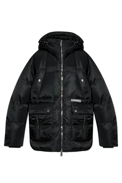 Dsquared2 Logo Printed Quilted Hooded Down Coat In Black