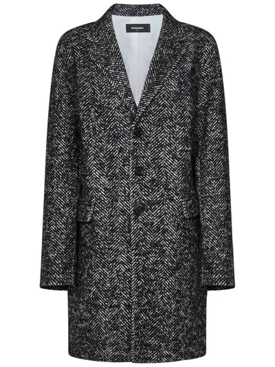 Dsquared2 Herringbone Wool Blend Coat In Black