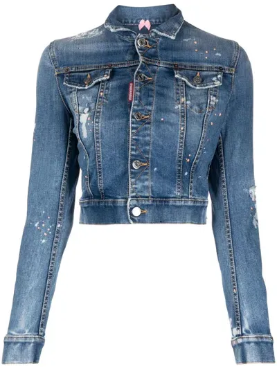 Dsquared2 Paint-splattered Denim Jacket In Blue