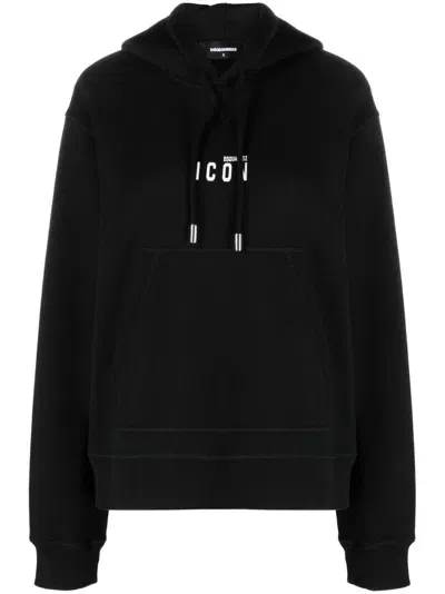 Dsquared2 Logo Print Cotton Hoodie In Black