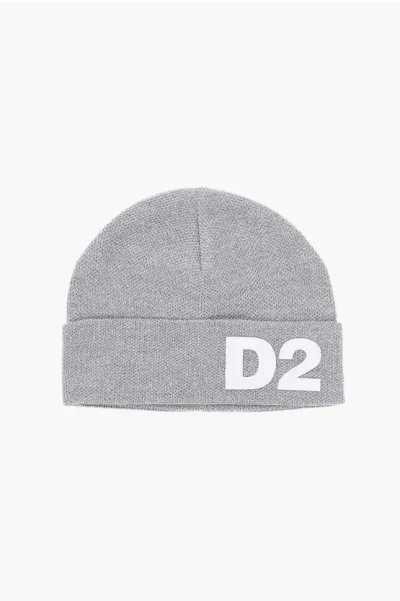 Dsquared2 Solid Color Beanie With Embossed Logo In Gray