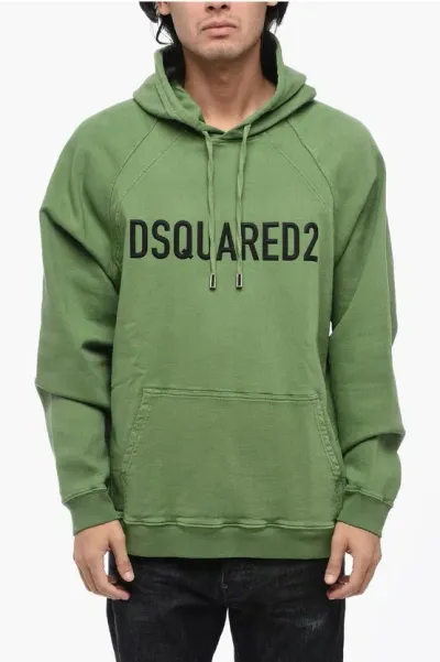 Dsquared2 Solid Color Hoodie With Embossed Logo In Green