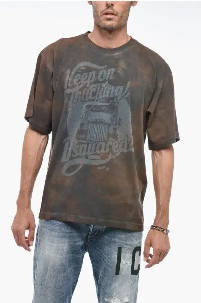 Dsquared2 Tie-dyed Effect T-wesher T-shirt With Print In Brown