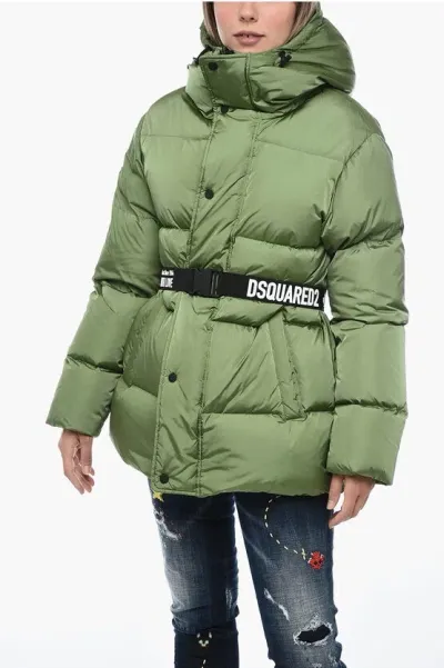 Dsquared2 Turtleneck Down Jacket With Logoed Belt In Green