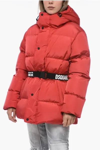 Dsquared2 Turtleneck Down Jacket With Logoed Belt In Red