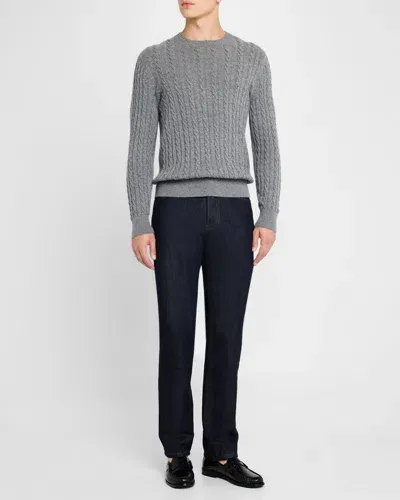 Dunhill Men's Cashmere Cable Knit Crewneck Sweater In Medium Grey Melange