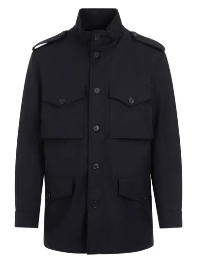 Dunhill Blue Dark Ink Wool Tech Field Jacket In Black