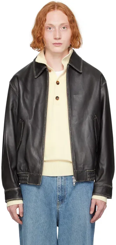 Dunst Black Spread Collar Leather Jacket In Brushed Black