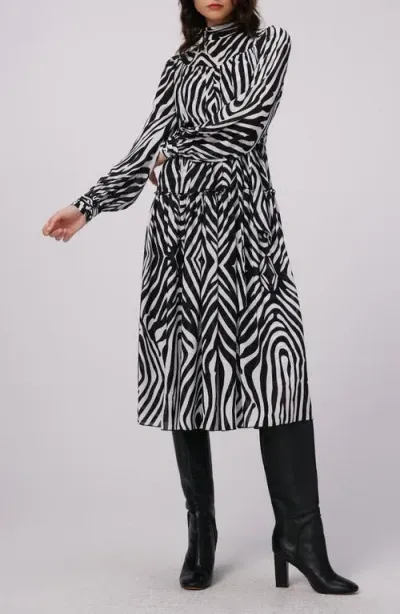 Dvf Kent Zebra Print Long Sleeve Midi Dress In Zebra Ivory