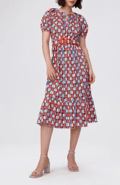 Dvf Lindy Geo Print Belted Midi Dress In Maypole Red