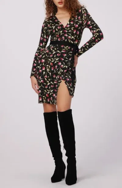 Dvf Luella Floral Print Long Sleeve Merino Wool Wrap Dress In Rockn Rose