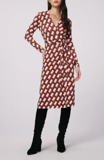 Dvf Luella Geo Print Long Sleeve Merino Wool Blend Wrap Dress In Blocks Red Med