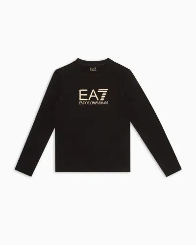 Ea7 Kids' Shiny Girl Stretch-cotton, Crew-neck T-shirt In Black