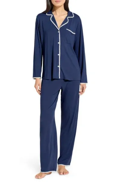 Eberjey Frida Contrast Embroidery Knit Pajamas In Navy/ivory