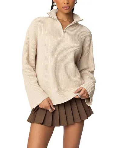 Edikted Amour High Neck Oversized Zip Sweater In Beige