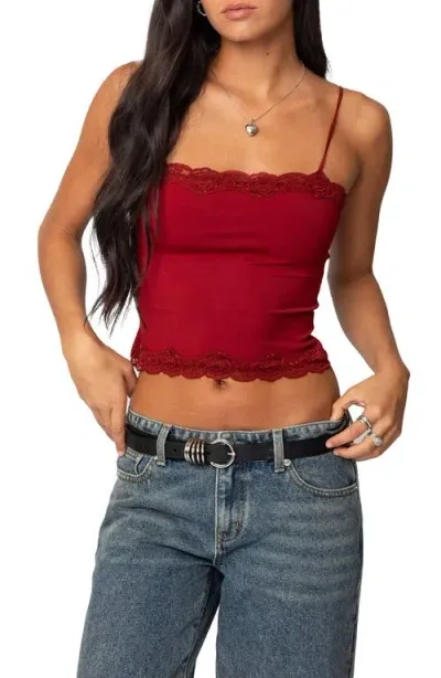 Edikted Cruella Lace Trim Crop Camisole In Burgundy