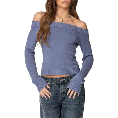 Edikted Elona Off The Shoulder Long Sleeve Knit Top In Blue