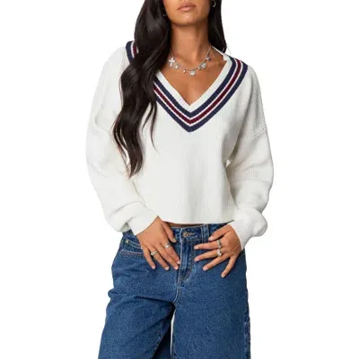 Edikted Lauryl Stripe V-neck Sweater In White