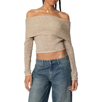 Edikted Lili Rib Off The Shoulder Crop Sweater In Beige