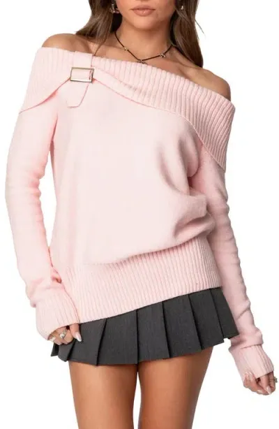 Edikted Marilyn Buckled Off The Shoulder Sweater In Pink