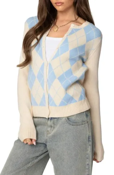 Edikted Maybelle Argyle Cardigan In Cream And Blue