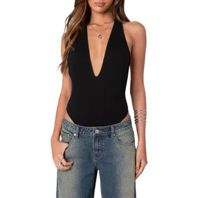 Edikted Plunge Neck Halter Bodysuit In Black