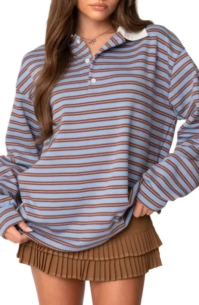 Edikted Stripe Long Sleeve Oversize Polo In Blue