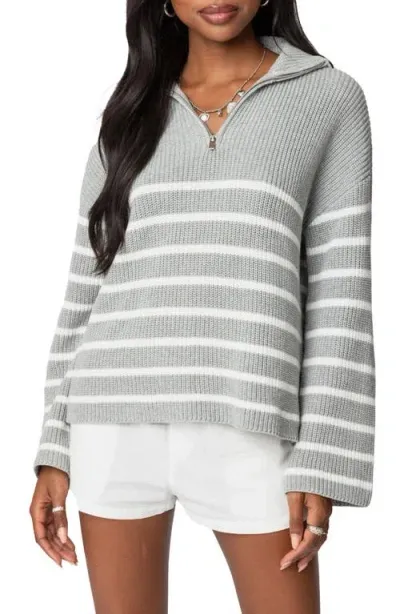 Edikted Stripe Oversize Quarter-zip Cotton Sweater In Gray Melange