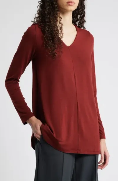 Eileen Fisher Long Sleeve V-neck Tunic Top In Redwood